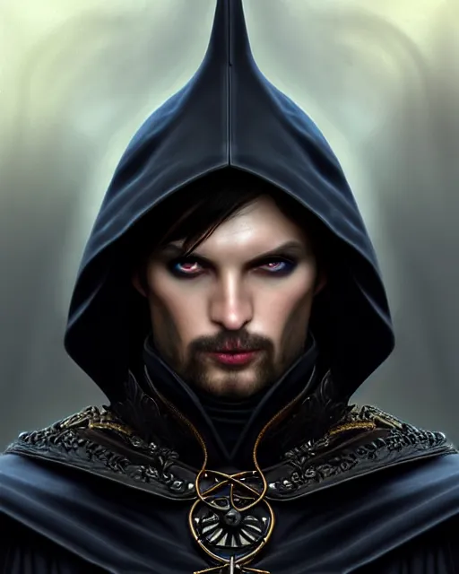 Prompt: ultrarealistic male mage face portrait fighting, long black hair blue eyes wearing leather mantle gothic navy cloak with leather details, cliffside town, fantasy character portrait, realistic render, extreme intricate details, elegant, cinematic lighting, highly detailed, artstation, dnd art, cgsociety, sharp focus, beautiful digital painting by artgerm, gerald brom, wlop, alphonse mucha