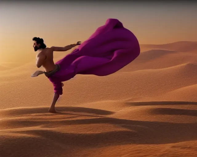 Prompt: a brown man aladdin floating on a magical carpet ride over the arabic desert. realistic 16k footage.