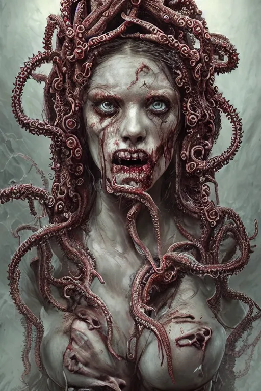 Image similar to realistic portrait of beautifully crystalized and detailed portrait of a zombie woman with gasmask, tentacles, tendrils, eldritch, matte painting of cinematic movie scene red dragon, horror, created by gustave dore and greg rutkowski, high detailed, smooth draw, synthwave neon retro, intricate, realistic proportions, dramatic lighting, trending on artstation.