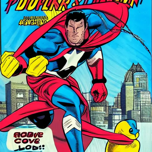 Image similar to marvel comic cover for the superhero rubber ducky man