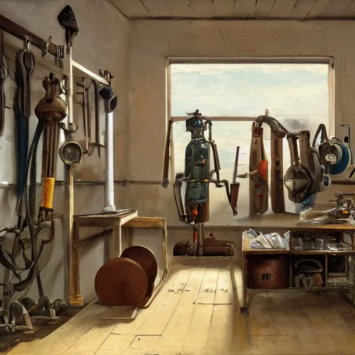 Prompt: workshop of a 1 9 th century diving suit engineer in the style of car spitzweg