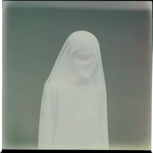 Prompt: adorable floating ghost photo taken with a polaroid, smol, aesthetic, 1 9 9 0 s