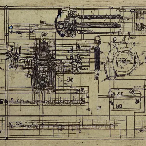 Prompt: leonardo da vinci intricate full page scan blueprint of a looper music equipment