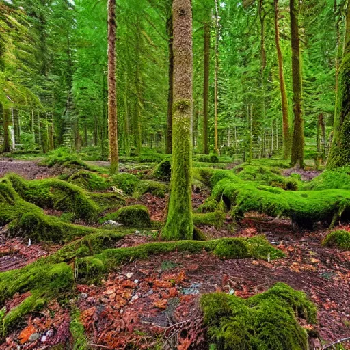 Prompt: A wide shot by a extremely high resolution digital camera of enchanted forest. Genetically modified magic moss, covering the ground, barely seen lake beneath it.