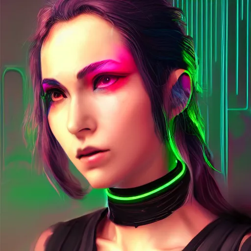 Image similar to headshot artwork of cyberpunk woman wearing thick steel choker, 4K, realistic, artstation, neon,