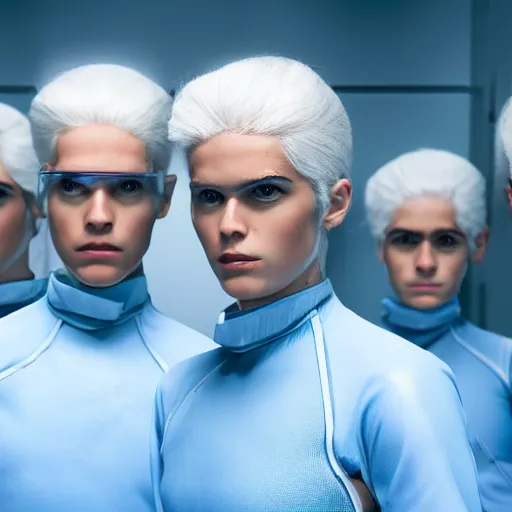 Prompt: troop of identical athletic humans with white hair wearing tight light blue neopren suits, in formation, futuristic chemistry lab, sci - fi, highly detailed, hyperrealistic