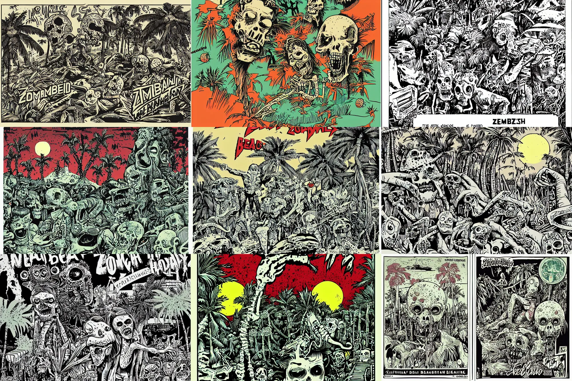 Prompt: zombie beach holiday postcard by mcbess, featuring brains, by Philippe Druillet, palm trees, 3 colour