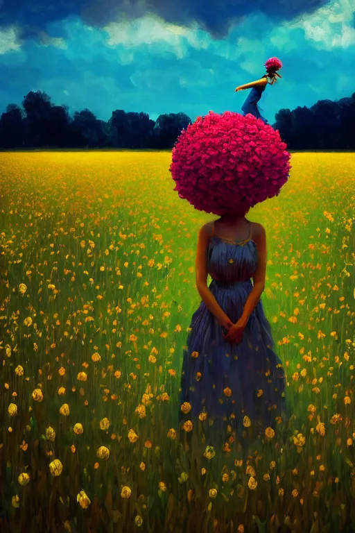 Image similar to closeup, giant flower head, girl in suit floating above field of flowers, surreal photography, sunrise, blue sky, dramatic light, impressionist painting, digital painting, artstation, simon stalenhag