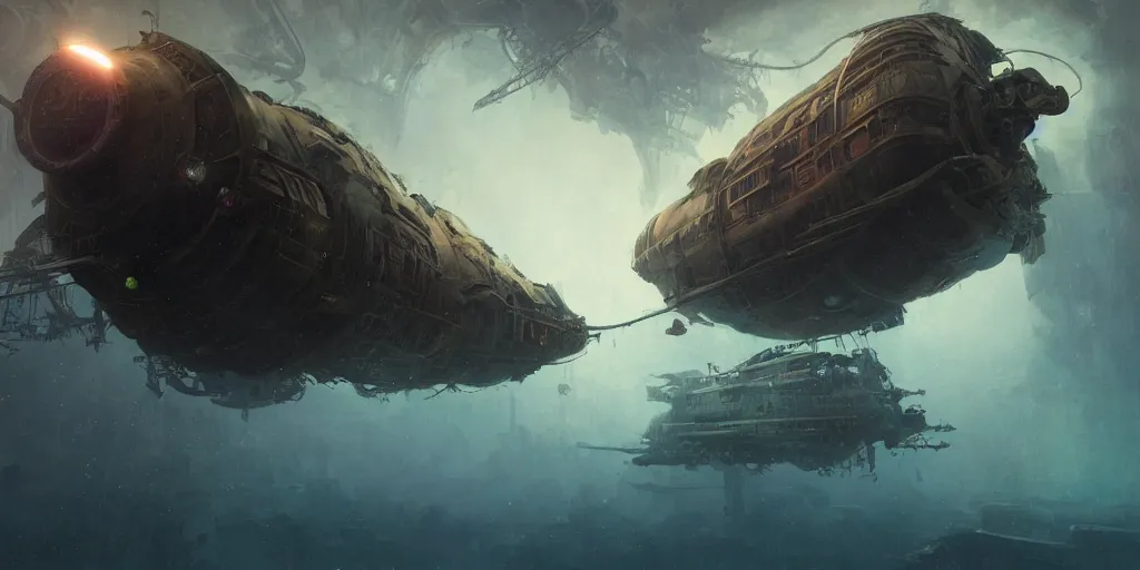 Image similar to a dieselpunk spaceship lies at the bottom of the sea in a coral reef, underwater, matte painting, submecanophobia, fantasy, intricate, elegant, digital painting, trending on artstation, concept art, sharp focus, illustration by greg rutkowski, darek zabrocki and john berkey, 4 k.