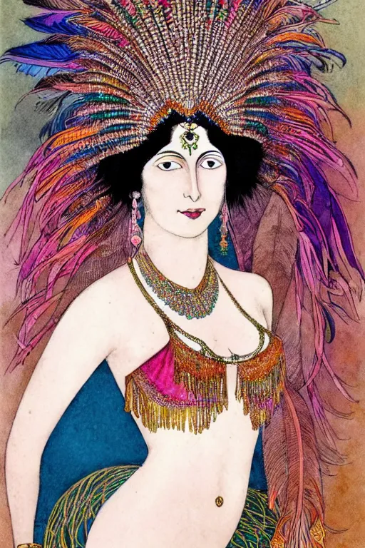 Prompt: portrait of mata hari, ultra realistic, feather headdress, indian fabric swirling colorful, fantasy, intricate, elegant, highly detailed, digital painting, artstation, concept art, matte, sharp focus, illustration, art by kay nielsen and walter crane, illustration style, watercolor