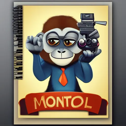 Image similar to “ logo of a monkey in the style of zootopia holding laser gun, with a black background, digital art, award winning, trending on art station, retro style ”