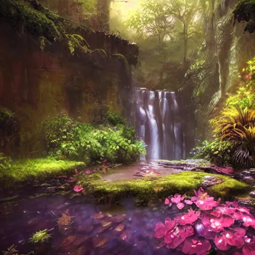 Image similar to an hidden waterfall, beautiful, atmosphere, vibe, mist, rainbow, wet, puddles, fern, flowers, concept art illustration, color page, tone mapping, akihiko yoshida, james jean, andrei riabovitchev, marc simonetti, digital illustration, greg rutowski, volumetric lighting, sunbeams, particles