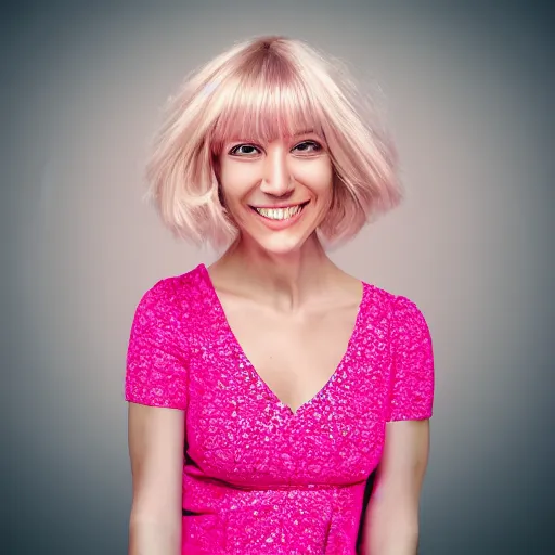 Image similar to digital art portrait of a happy woman with bangs and blonde hair wearing a pink dress