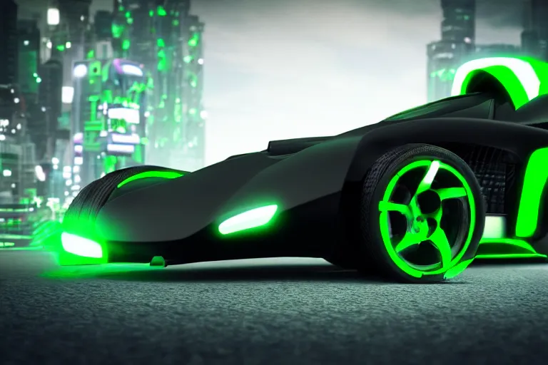 Image similar to ZeratoR futuristic black and green Trackmania racing car ((ZeratoR text))(((ZeratoR))), matte-black, green neon, ray-tracing, octane render, unreal engine, green cyberpunk city background