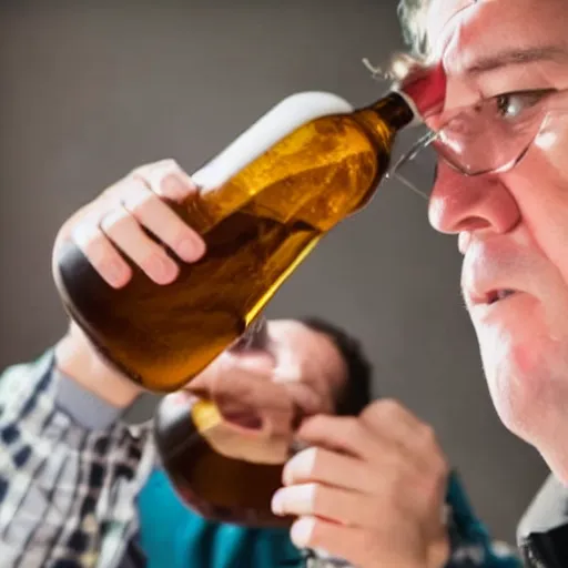 Image similar to man with down syndrome chugging beers photorealistic