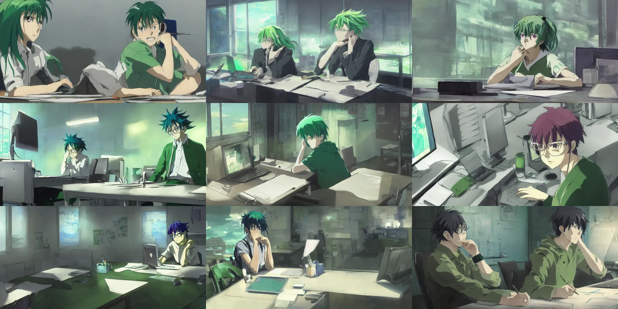 Prompt: a detailed painting of a ( green - haired - anime - man ) sitting at a desk, tired, staring at the computer and drawing on a wacom tablet, in a hd screenshot from the anime film, in directed by makoto shinkai, dramatic lighting and composition, trending on artstation, concept art