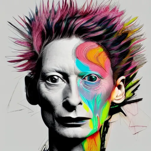 Image similar to a realistic yet sketched punk neon tilda swinton, trending on artstation, by archan nair and marlene dumas, intricate details, flowers, in the style of frank auerbach, in the style of martin ansin, in the style of david aja, by kandinsky