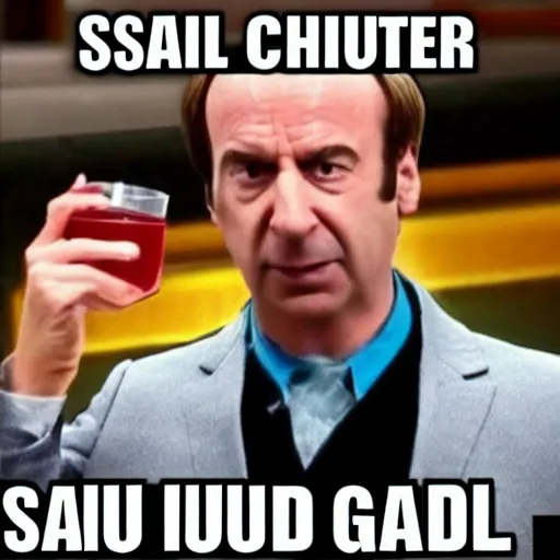 Prompt: Saul Goodman drinks chugjug from fortnite