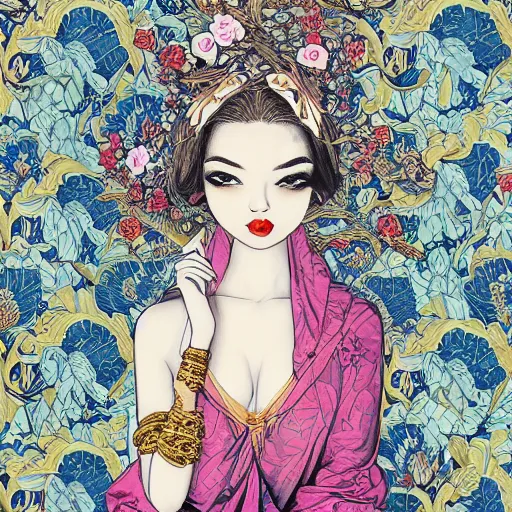 Prompt: Gilded lotus princess, ivy, oriental wallpaper, james jean