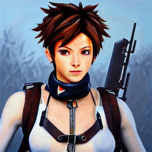 Image similar to oil painting of tracer overwatch in a field wearing very large black leather belt choker collar around neck, in style of mark arian, expressive face, very detailed face, very detailed eyes, belt around neck, full body, feminine face, tracer overwatch,