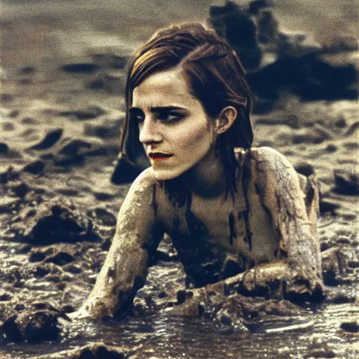 Image similar to film still, close up, emma watson rising out of muddy vietnam river, face covered in mud, low camera angle at water level, night time, film still from apocalypse now ( 1 9 7 9 ), 2 6 mm polaroid polaroid polaroid polaroid polaroid expired expired expired,