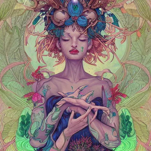 Image similar to goddess of plant medicine art by james jean and art by loish highly detailed painting trending on arstation vivid colors earth spirit