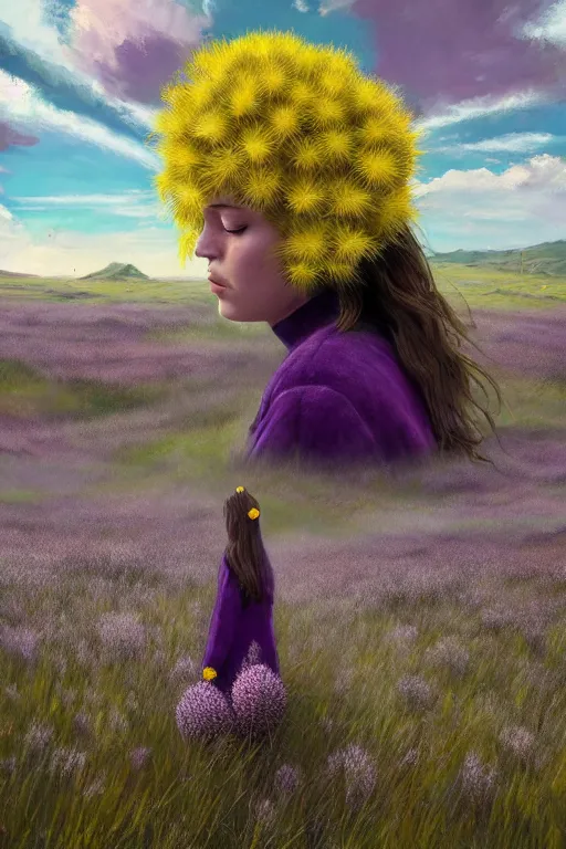 Prompt: portrait, enormous thistle flower under head, a girl wearing coat in heather field, surreal photography, wind and cold, dramatic sky, impressionist painting, digital painting, artstation, simon stalenhag