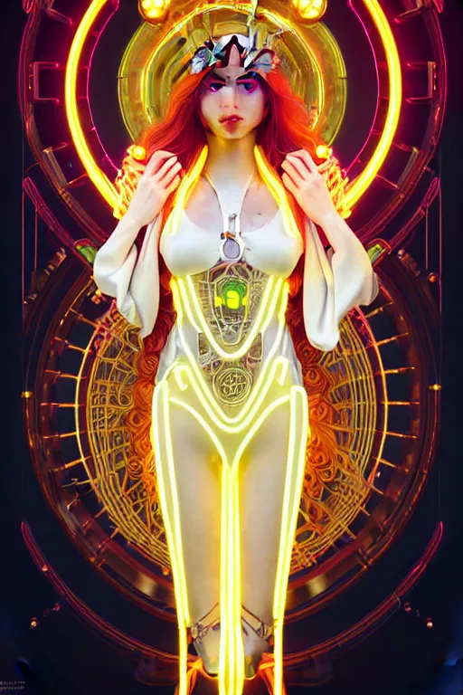 Image similar to symmetrical feminine solarpunk cyborg goddess rendered in Cinema 4D, elegant and ornate futuristic silk robes, held aloft by thousands of glowing neon wires, glowing white neon eyes, platinum and golden flowing long hair, art by Artgerm and Alphonse Mucha, hyperrealism, full body photogenic shot, digital render, cinematic lighting ornate earrings, 8k resolution, masterpiece work