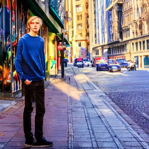 Prompt: a beautiful young man, blond, long hair, blue eyes, fair skin, in the middle of the city, impressionist, volumetric light, colorful