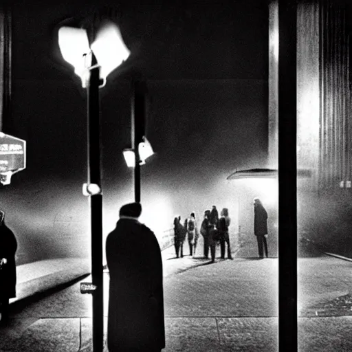 Image similar to some people waiting at bus stop in dark city night, detailed, high quality photography,a scene by Stanley kubrick, sci-fi, reimagined by industrial light and magic