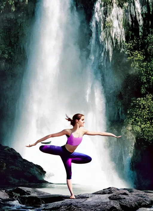 Image similar to portrait photograph of emma watson standing in a yoga pose wearing translucent clothes standing underneath a waterfall, natural light, photoreal, shot by David LaChapelle