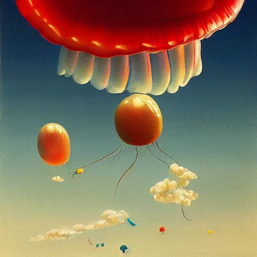 Image similar to Giant jellybean jellyfish fly through the air, as a tornado approaches, by Takashi Murakami, Edward Hopper, Bo Bartlett, and Cynthia Sheppard, Artstation