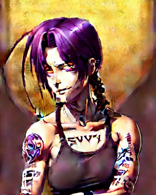 Image similar to a portrait of revy from black lagoon, dilraba dilmurarevy, smirk, black tank top, jean shorts, brown eyes, purple hair, tribal tattoos right arm sleeve, symmetrical eyes, symmetrical face, art by lois van baarle and loish and ross tran and rossdraws and sam yang and artgerm