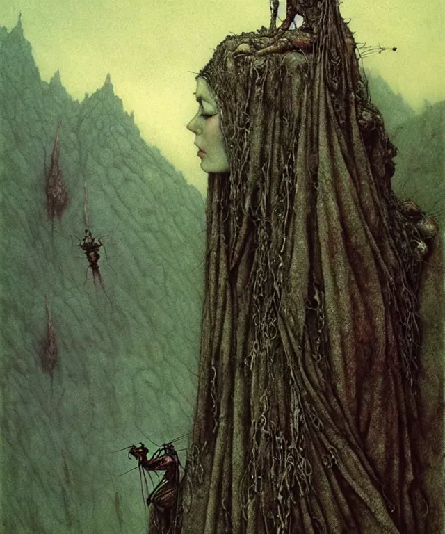 Image similar to a detailed mosquitowoman stands among the hills. wearing a ripped mantle, robe. perfect faces, gnats, extremely high details, realistic, fantasy art, solo, masterpiece, art by zdzislaw beksinski, arthur rackham, dariusz zawadzki