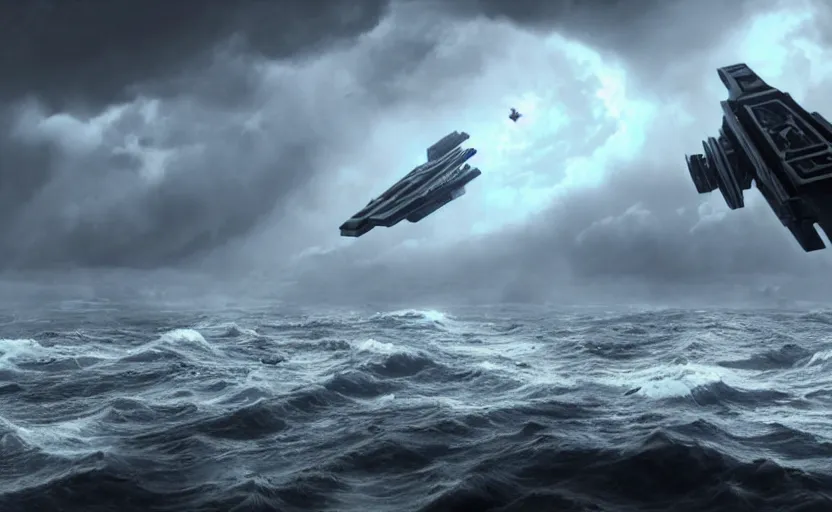Image similar to a small, symmetrical alien ship flies above a stormy ocean, sci-fi concept art, unreal engine 3d