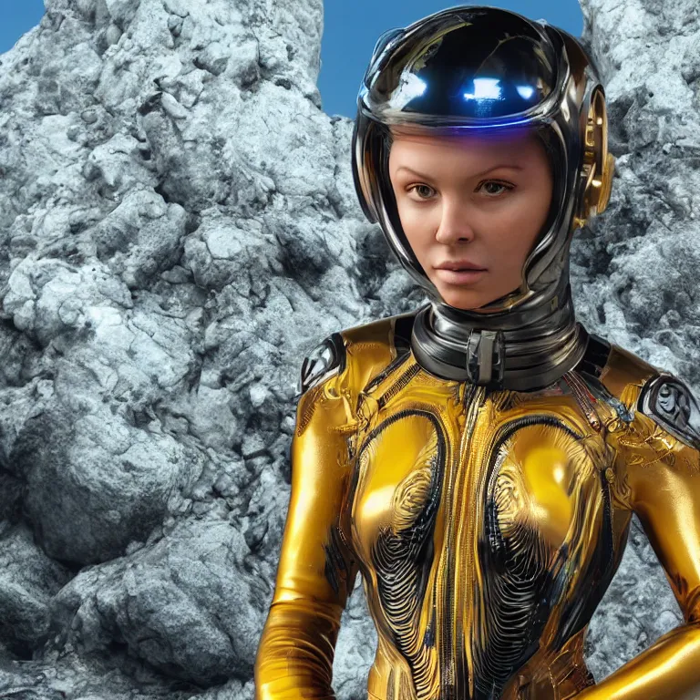 Image similar to octane render portrait by wayne barlow and carlo crivelli and glenn fabry, focus on a woman in a skintight shiny black spacesuit with intricate iridescent metal detailing, covered in bright colorful tropical alien flora in front of a giant rocky cliff, cinema 4 d, ray traced lighting, very short depth of field, bokeh