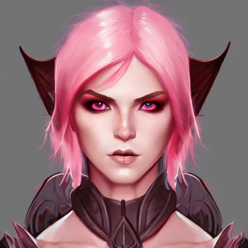 Image similar to half elf woman, dungeons and dragons, beautiful, short pink hair, deep crimson eyes, digital art, smooth, character drawing, focused portrait, artstation, highly detailed, symmetry