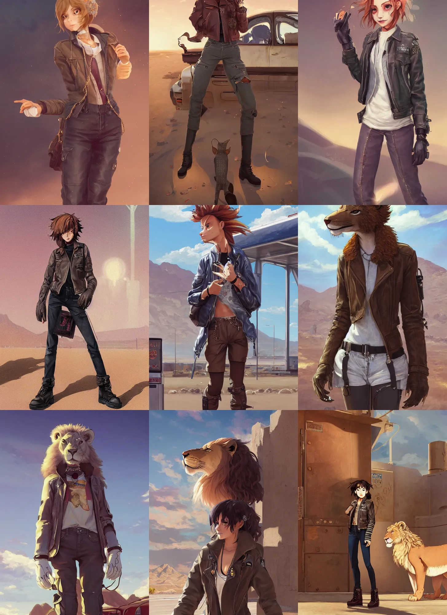 Prompt: beautiful portrait of a female anthropomorphic lion fursona wearing a open leather jacket at an old gas station in the desert. leather gloves. combat boots. cargo pants. pocket chain. character design by charlie bowater, ross tran, artgerm, and makoto shinkai, detailed, soft lighting, rendered in octane