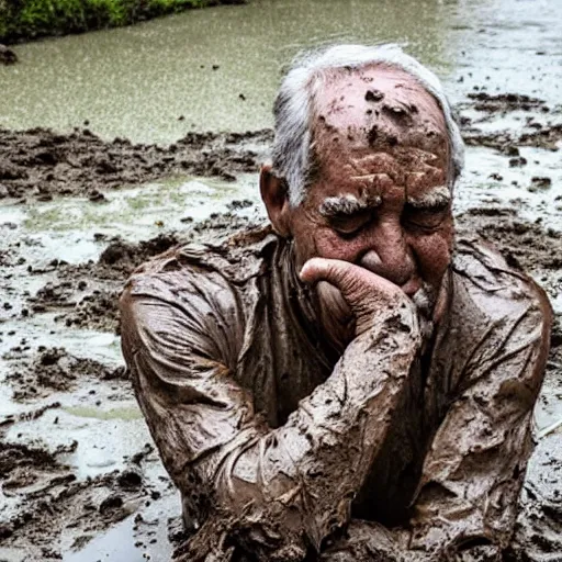 Prompt: an old man entirely covered in mud