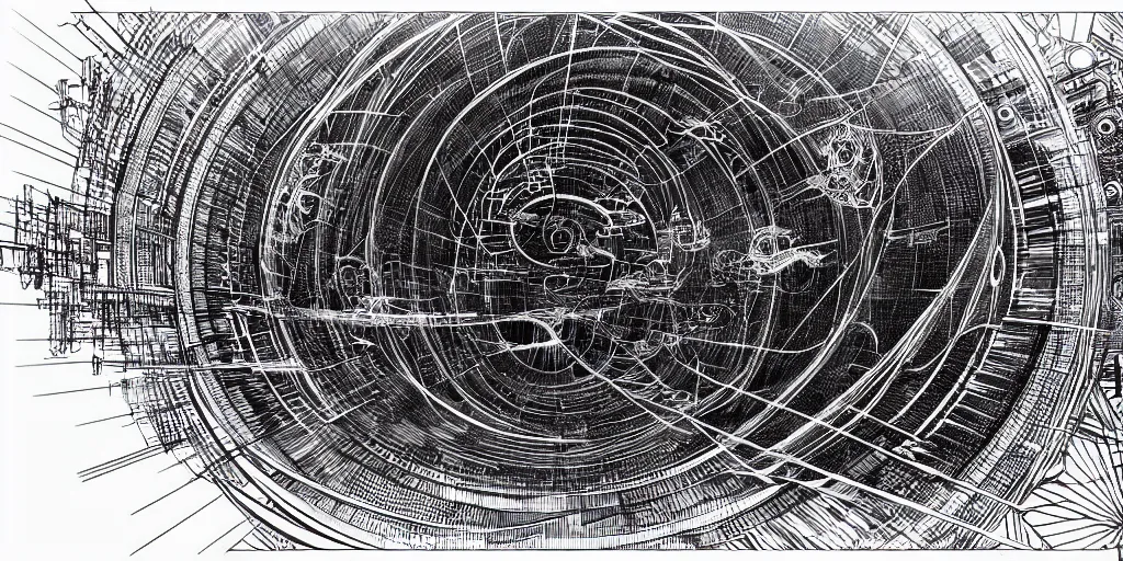 Prompt: a blueprint for a wormhole generator, intricate illustration, ultra detailed, technopunk, darksynth, intricate lines, detailed notes, sketch, 8 k, by tsutomu nihei