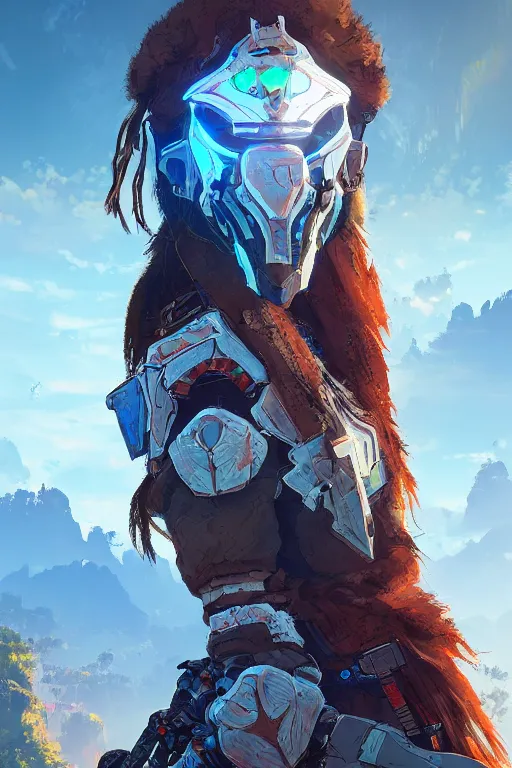 Image similar to combination suit armor aloy horizon forbidden west horizon zero dawn radiating a glowing aura global illumination ray tracing hdr fanart arstation by ian pesty and alena aenami artworks in 4 k tribal robot ninja mask helmet backpack