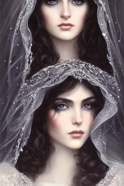 Image similar to Ameera al-Taweel, blue eyes, long wavy black hair, white veil, closeup, focus face, elegant, highly detailed, centered, digital painting, artstation, concept art by tom bagshaw