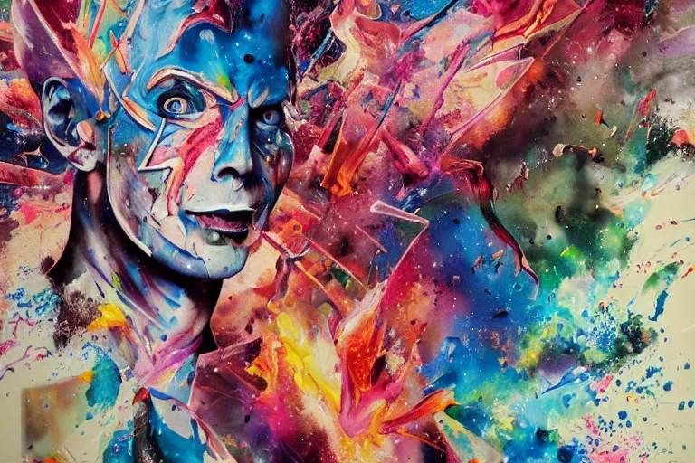Image similar to a splattered action painting showing aladdin sane, ultradetailed, fine art painting, peter mohrbacher, moebius, aladdin sane, frottage, watercolor, acrylic, multilayered paint, spectacular splatter explosion, psychedelic art
