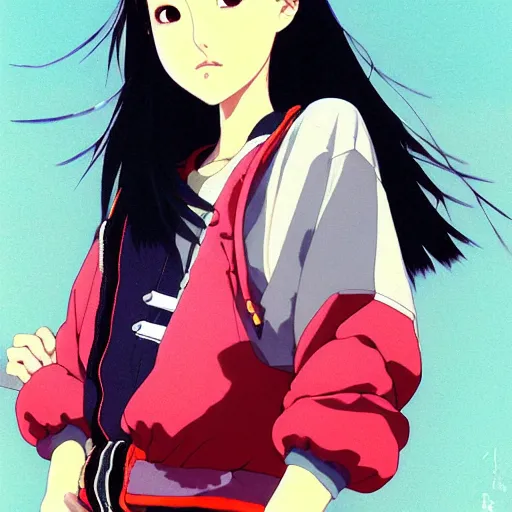 Image similar to a beautiful japanese natalie portman gravure model, wearing oversized native designer bomber jacket and leotard with overalls, bulky poofy bomber jacket with mesoamerican patterns, mesoamerican native street fashion, gapmoe yandere grimdark, trending on pixiv fanbox, painted by greg rutkowski makoto shinkai takashi takeuchi studio ghibli, akihiko yoshida