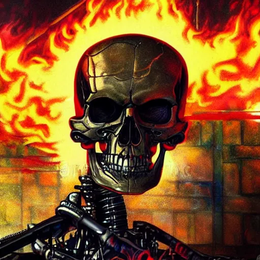 Image similar to terminator skull on flaming town background, acrilic paint, digital, artstation, detailed intricate ink illustration, heavenly atmosphere, digital art, overdetailed art, concept art, complementing colors, trending on artstation, cgstudio, the most beautiful image ever created, dramatic, subtle, details, award winning artwork, beautiful scenery