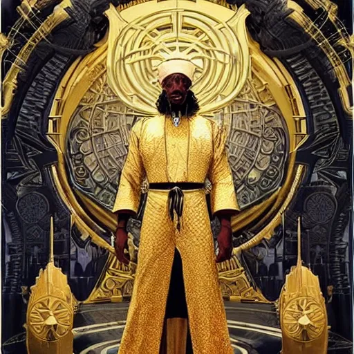 Image similar to symmetry!! an african moor wearing white robes and turban entering the voidspace. ornate, golden, steampunk stargate. front game card. marvel comics. dark. intricate. highly detailed. smooth. artstation. digital illustration by ruan jia, mandy jurgens, artgerm, wayne barlowe, greg rutkowski, and zdislaw beksinsk.