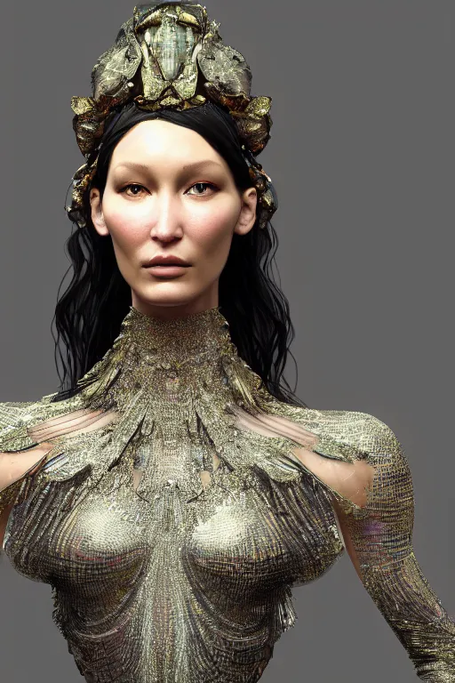 Image similar to a highly detailed render portrait of a beautiful alien goddess bella hadid in iris van herpen dress schiaparelli in diamonds in style of alphonse mucha trending on artstation made in unreal engine 4