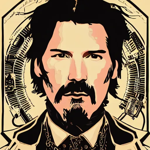 Image similar to Illustrated by Shepard Fairey and H.R. Geiger | Steampunk Keanu Reeves with VR helmet, surrounded by cables