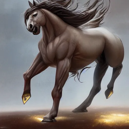 Image similar to an exaggeratedly muscular anthropomorphized horse with a magnificently muscular physique wearing a combat uniform standing in a facility, long white mane, proportionally enormous arms, equine, anthro art, furaffinity, highly detailed, digital painting, artstation, concept art, illustration, art by artgerm, greg rutkowski, ruan jia