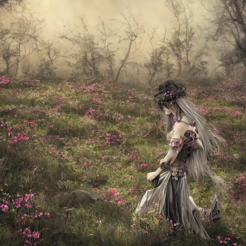 Image similar to tranquil oblivion of A Gothic goddess of floral jewels in an empty land, dark and mysterious, lively atmospheric, cinematic, Epic, 8k, 4k, ultra detail, ultra-realistic, rendered by devinart